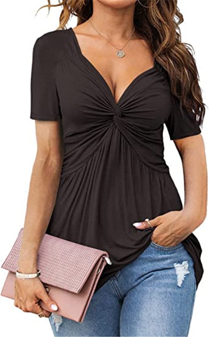 Elegantes Damen T-shirt Mit V-ausschnitt Und Front-twist Kurzarm_voghion.com