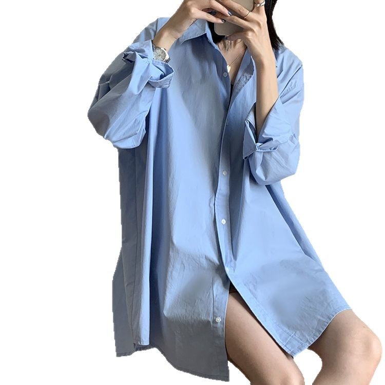 Camicia da donna di media lunghezza per l'autunno, a maniche lunghe, vestibilità ampia, camicia bianca casual, top stile boyfriend con un design unico_voghion.com