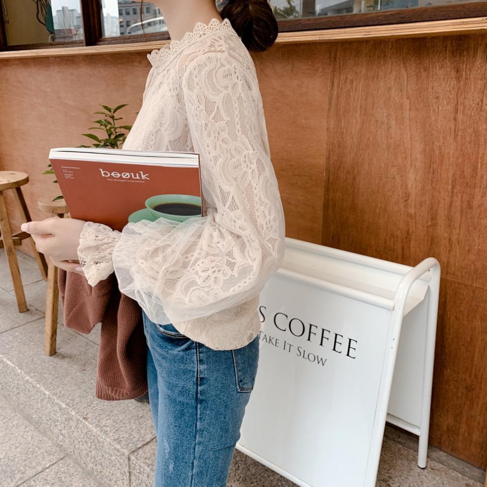 White Lace Blouse With Lantern Sleeves Korean Style Elegant Top_voghion.com