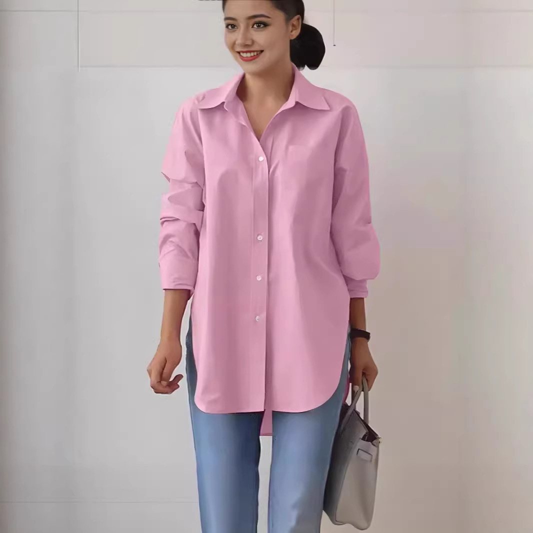 Elegante colletto risvoltato a maniche lunghe, moda 2024, donna, primavera e autunno, tinta unita, orlo a contrasto, oversize, OL Work_voghion.com