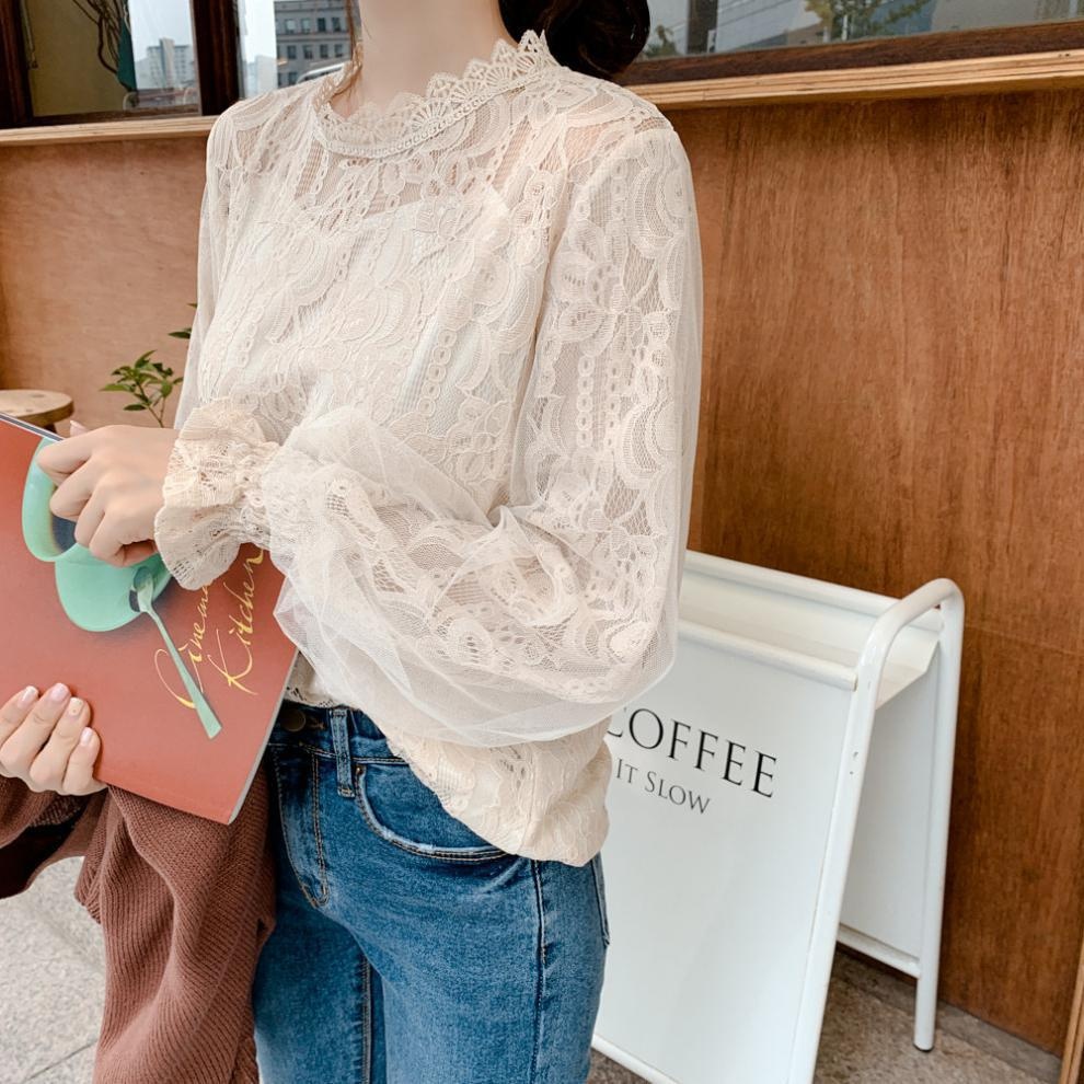 White Lace Blouse With Lantern Sleeves Korean Style Elegant Top_voghion.com