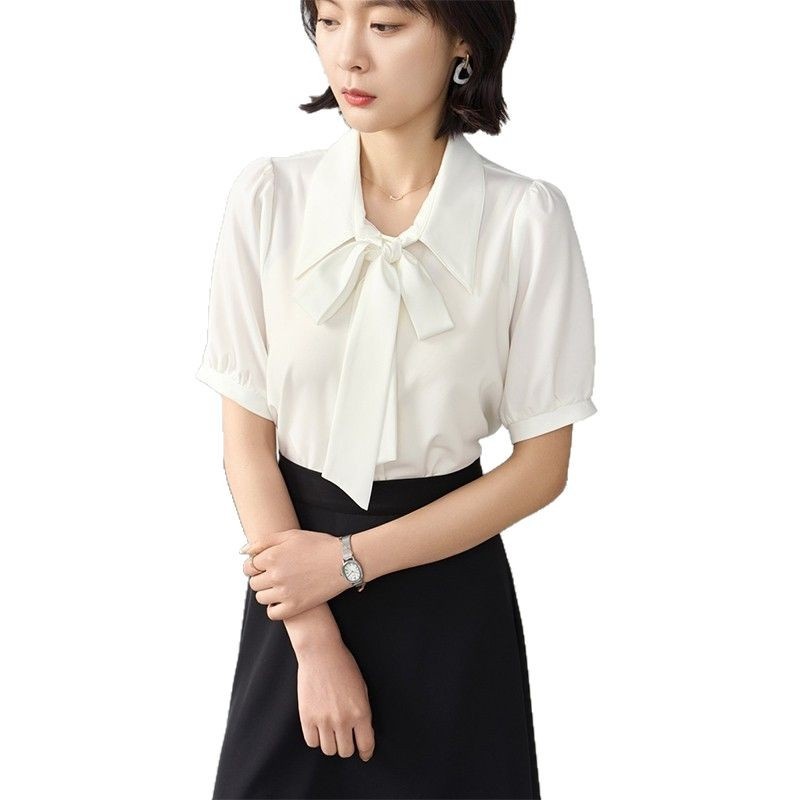 Camicia da donna in chiffon a maniche corte con fiocco, per abbigliamento professionale, bianca, con interno superiore, per colloqui_voghion.com