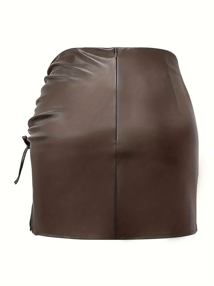 Dames rok van pu-leder met hoge taille en split mini_voghion.com