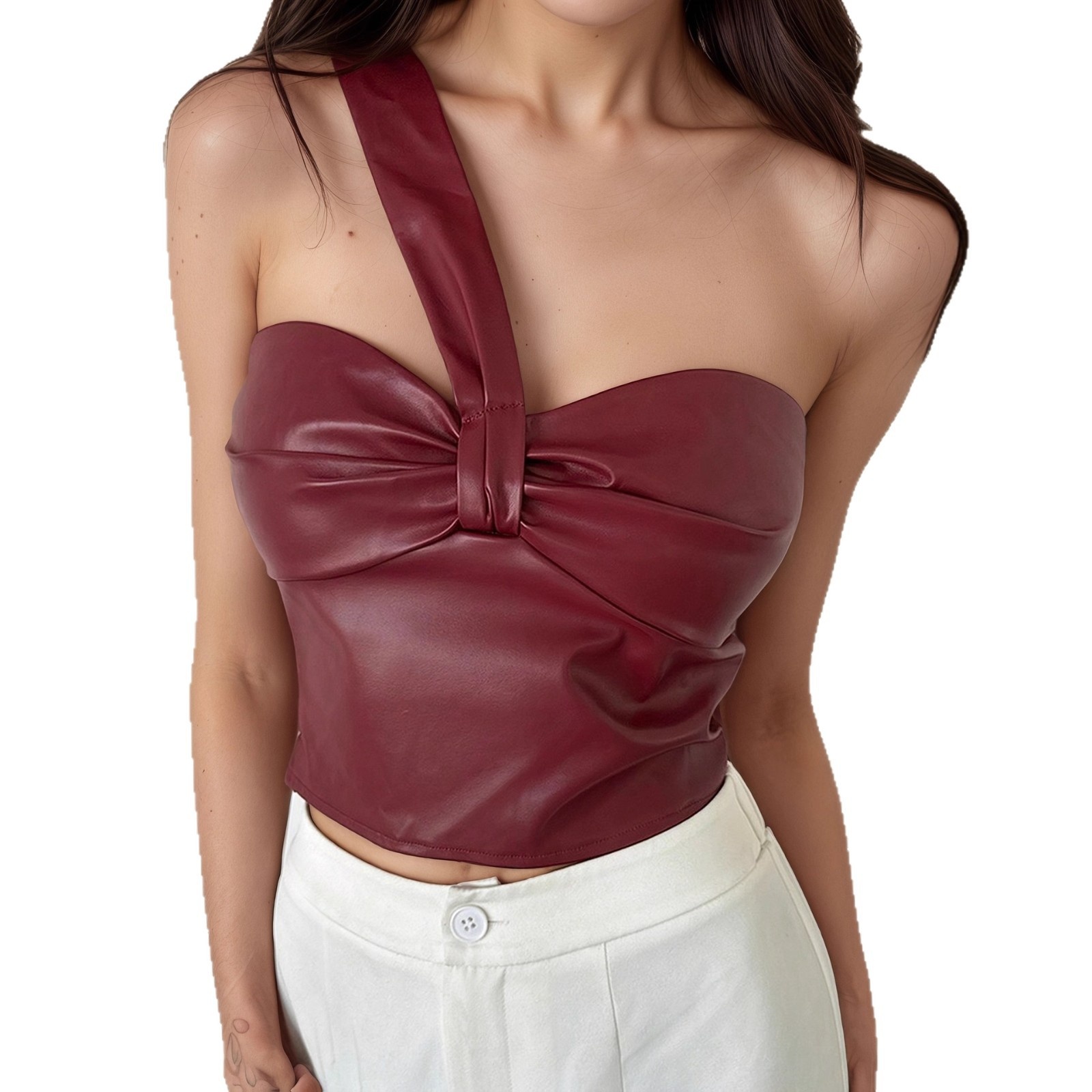 high Street Sweet Spicy Style Irregular Shiny Tank Top, European And American Casual Outerwear PU Leather One-shoulder_voghion.com