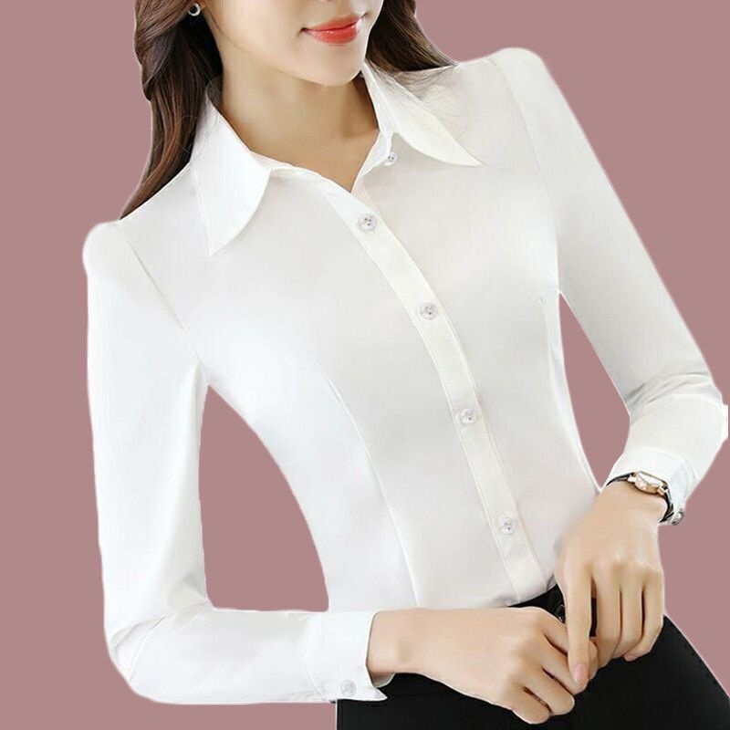 Lente- en herfstblouse voor dames, witte blouse met lange mouwen, Koreaanse stijl, slim fit, professionele werkkleding, formele jurk, plus size_voghion.com