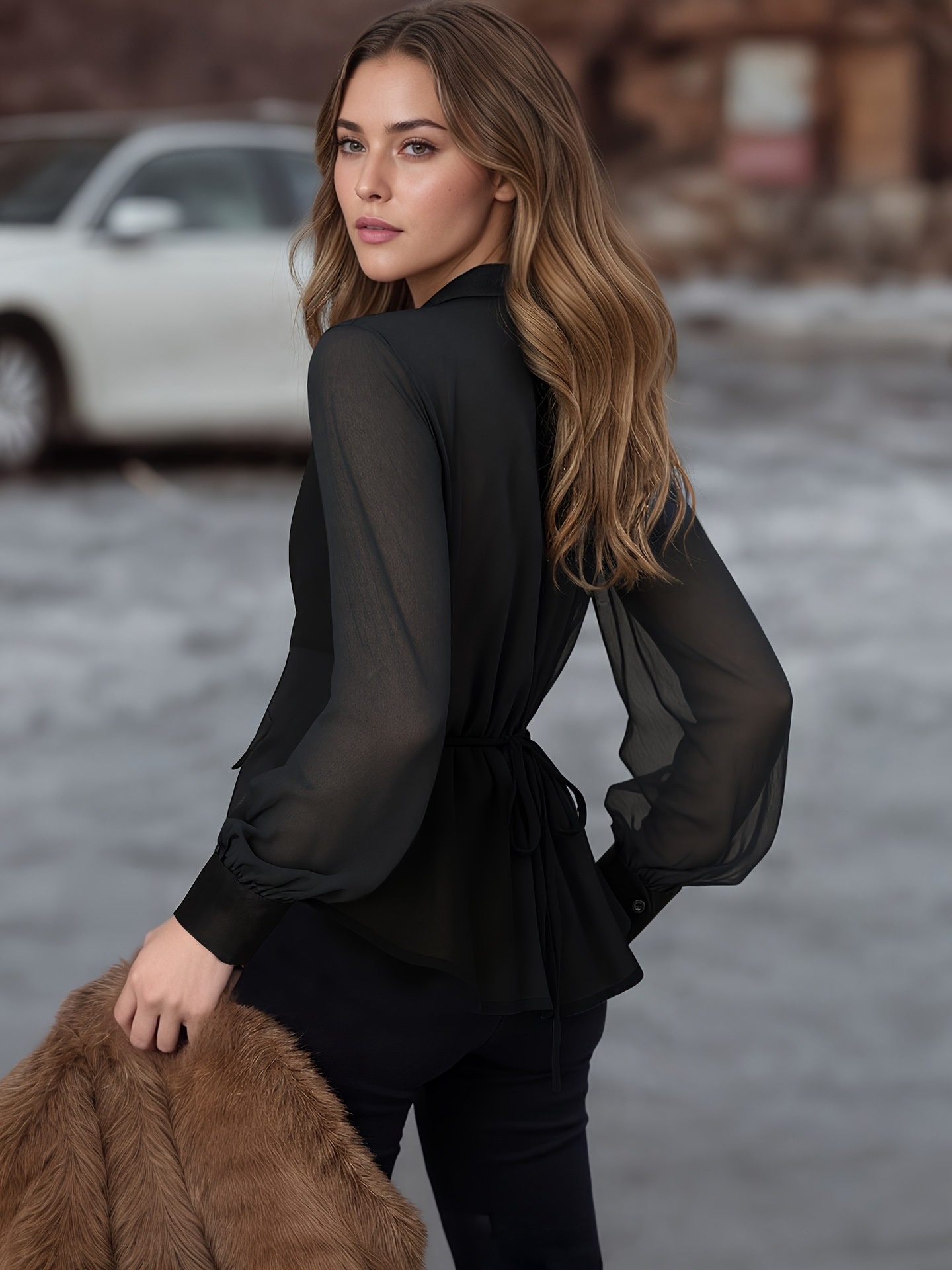 Women's Satin Blouse With Chiffon Inserts And V-neck Detail_voghion.com