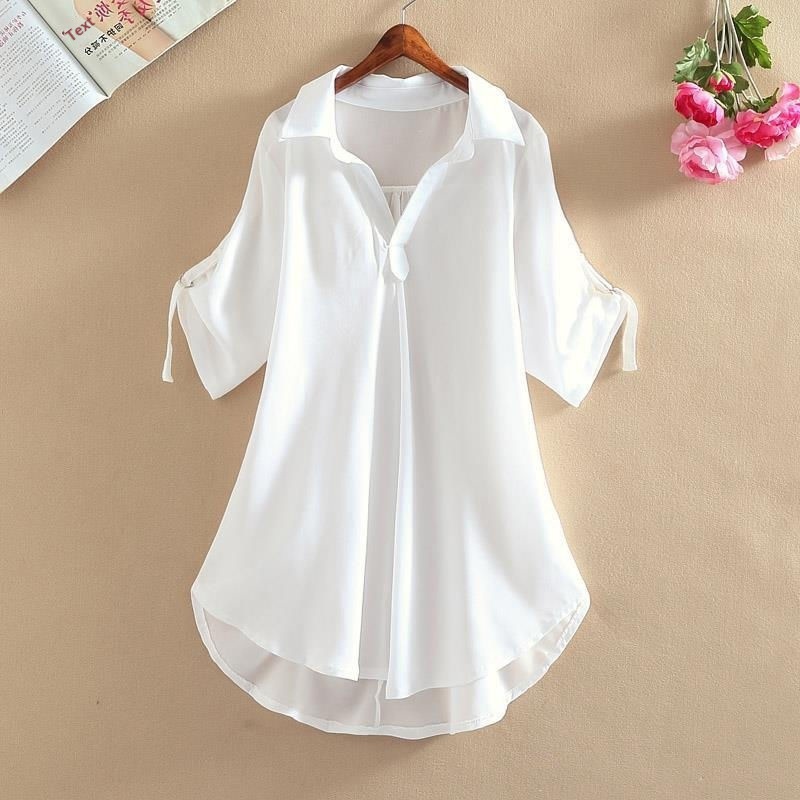 Mid-Length Short Sleeve Blouse 2025 Summer New Plus Size Loose Waist Slimming Chiffon Top For Women_voghion.com