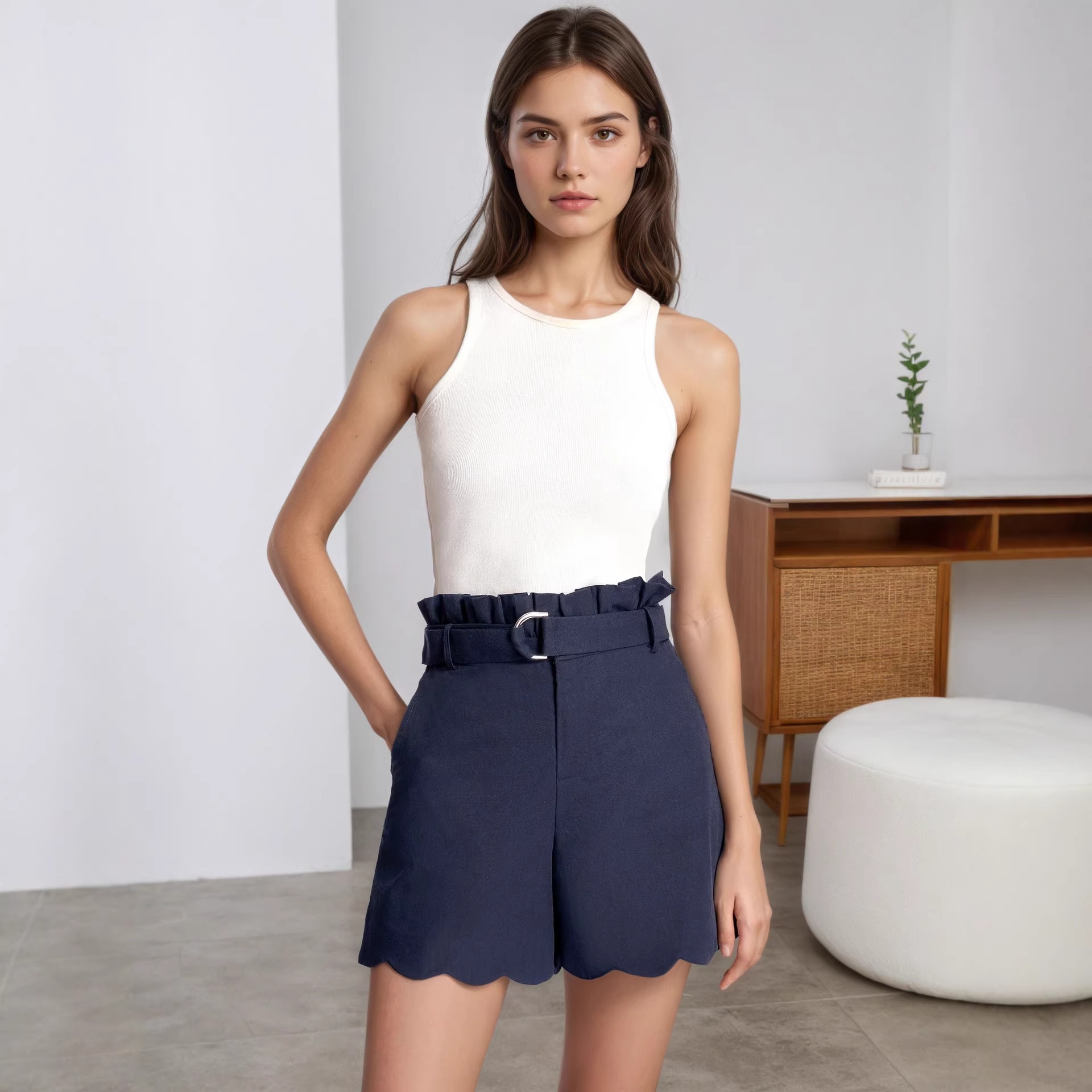 Export Foreign Trade High-end Women's Clothing, Elegant Commuter Shorts For Women, High-waisted Wavy Edge Metal Buckle_voghion.com