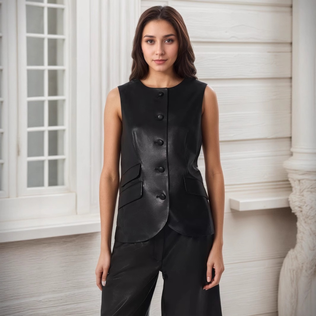 Gilet monopetto nero in stile europeo-americano, elegante e alla moda, dal design pulito e dalla texture resistente, in ecopelle._voghion.com
