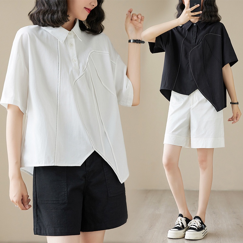 Real Shot Of 2024 Summer Korean-style Loose-fitting Irregular Niche Shirt, Solid Color Casual Design Shirt_voghion.com