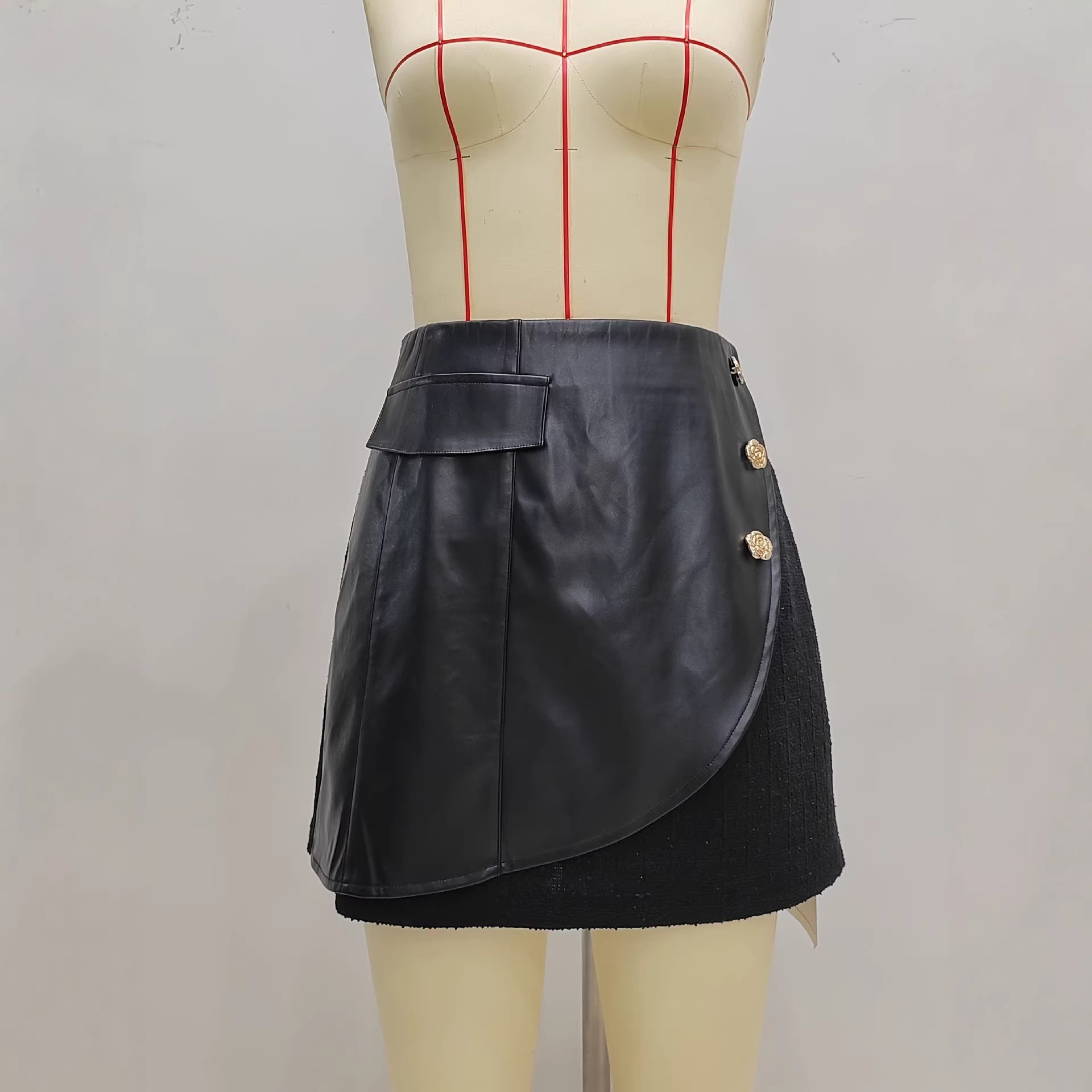 leather Patchwork Back Zipper, Fashionable With Pocket Flap Button Decoration, Small A-line Hem, European And_voghion.com