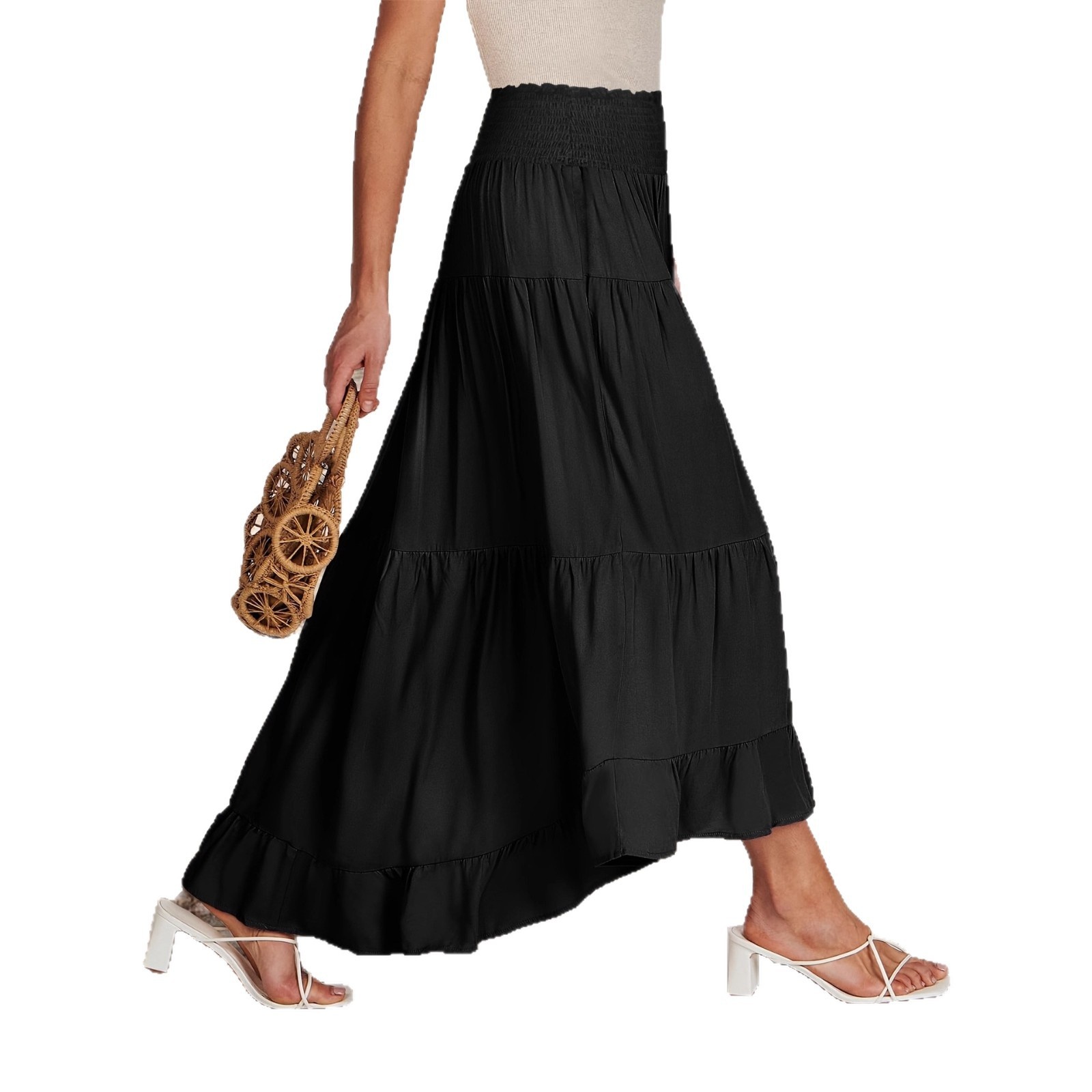 European And American Cross-border Foreign Trade Women's Summer Solid Color Ruffled Asymmetrical High-waisted Skirt For_voghion.com