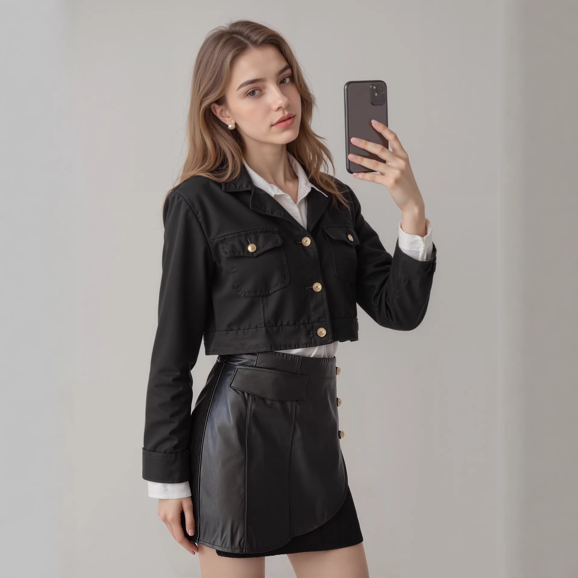 Retazos de cuero con cremallera trasera, a la moda con solapa de bolsillo decorada con botones, dobladillo pequeño en línea A, estilo europeo y_voghion.com