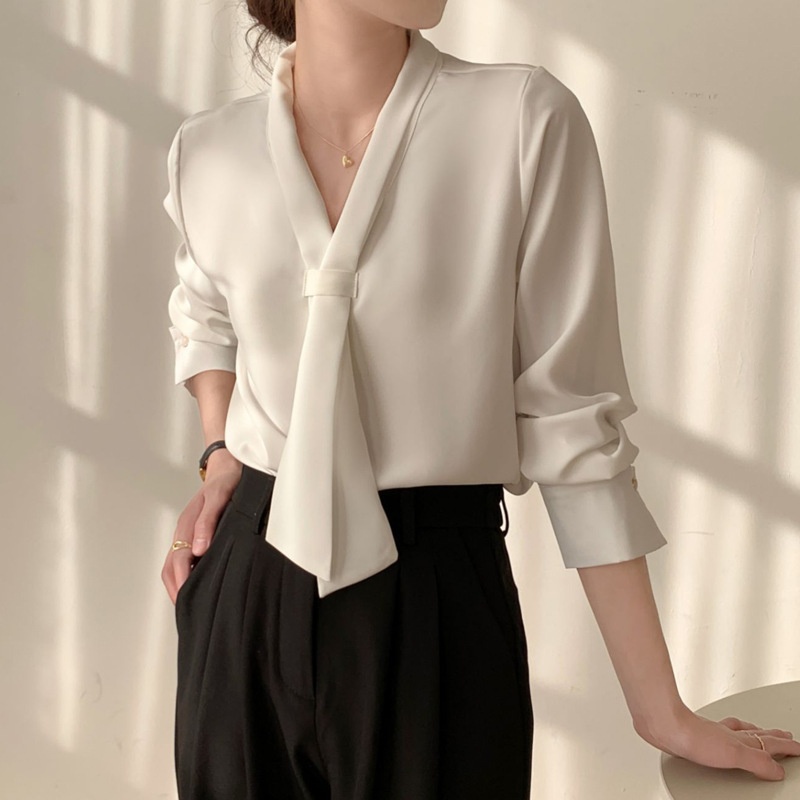 CS163 - Camicia da donna taglie forti, ampia, stile coreano, a maniche lunghe, in chiffon, con cravatta, base professionale_voghion.com