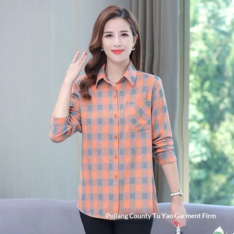 Women's Long-sleeve Plaid Blouse For Middle-aged And Elderly Women_voghion.com