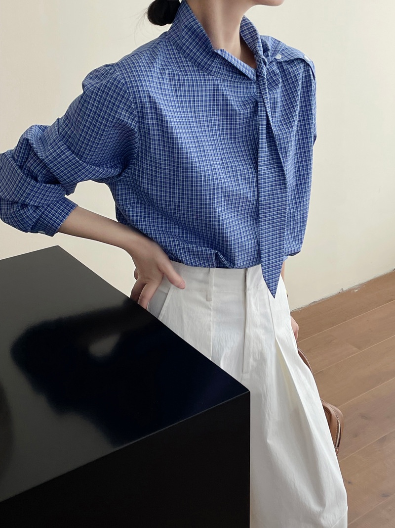 Camicia donna a quadri con lacci maniche lunghe blusa elegante_voghion.com
