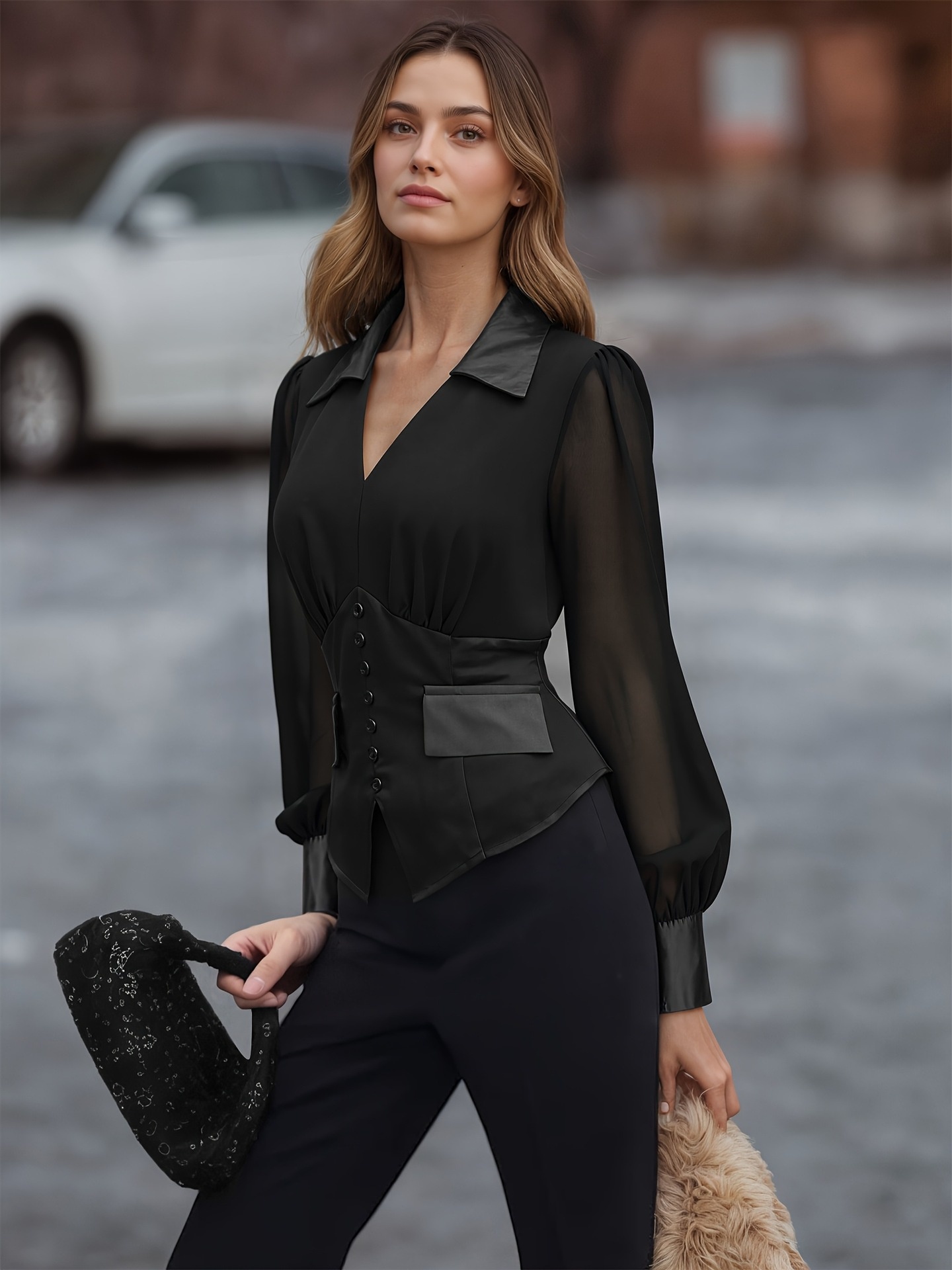Women's Satin Blouse With Chiffon Inserts And V-neck Detail_voghion.com