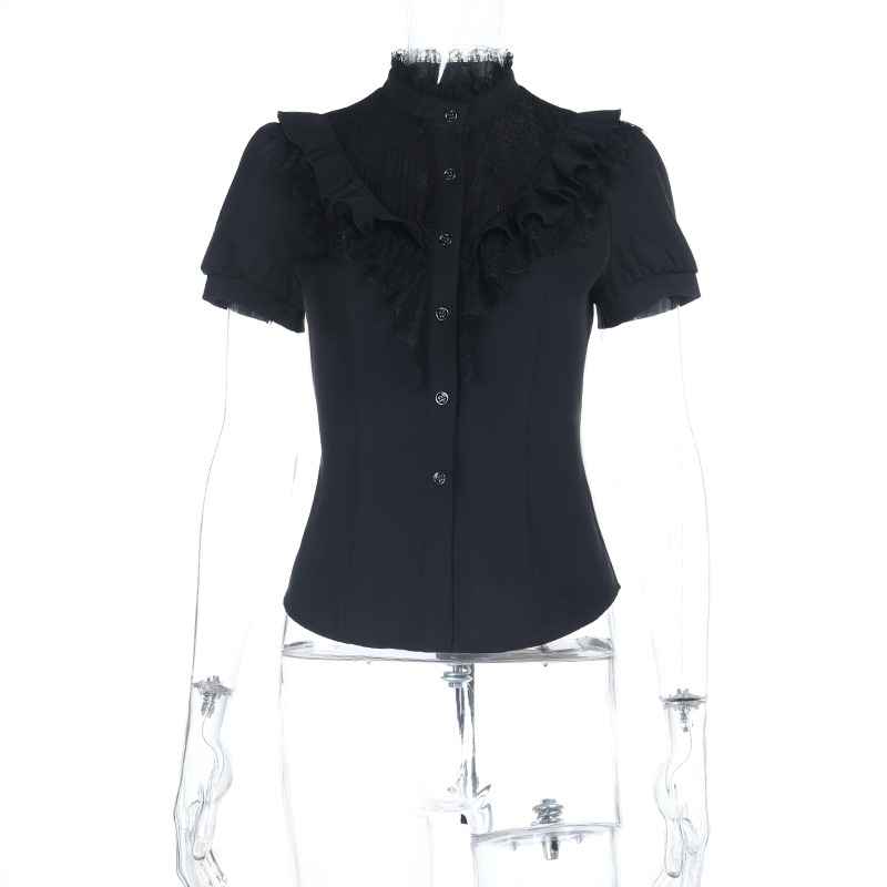 Dam spetsblus med kort ärm somrig slim fit topp_voghion.com