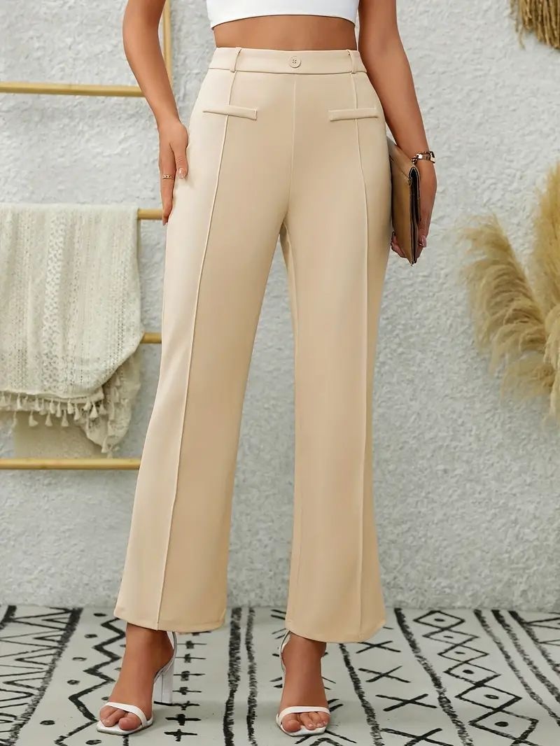 Calças flare femininas com bolsos frontais e tecido elástico_voghion.com