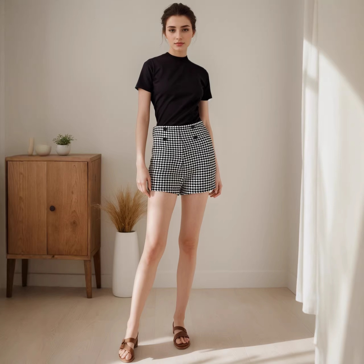 Summer European And American Style Elegant Casual Houndstooth Slim Fit Knit Elastic Waist Three-Quarter Hot Pants_voghion.com