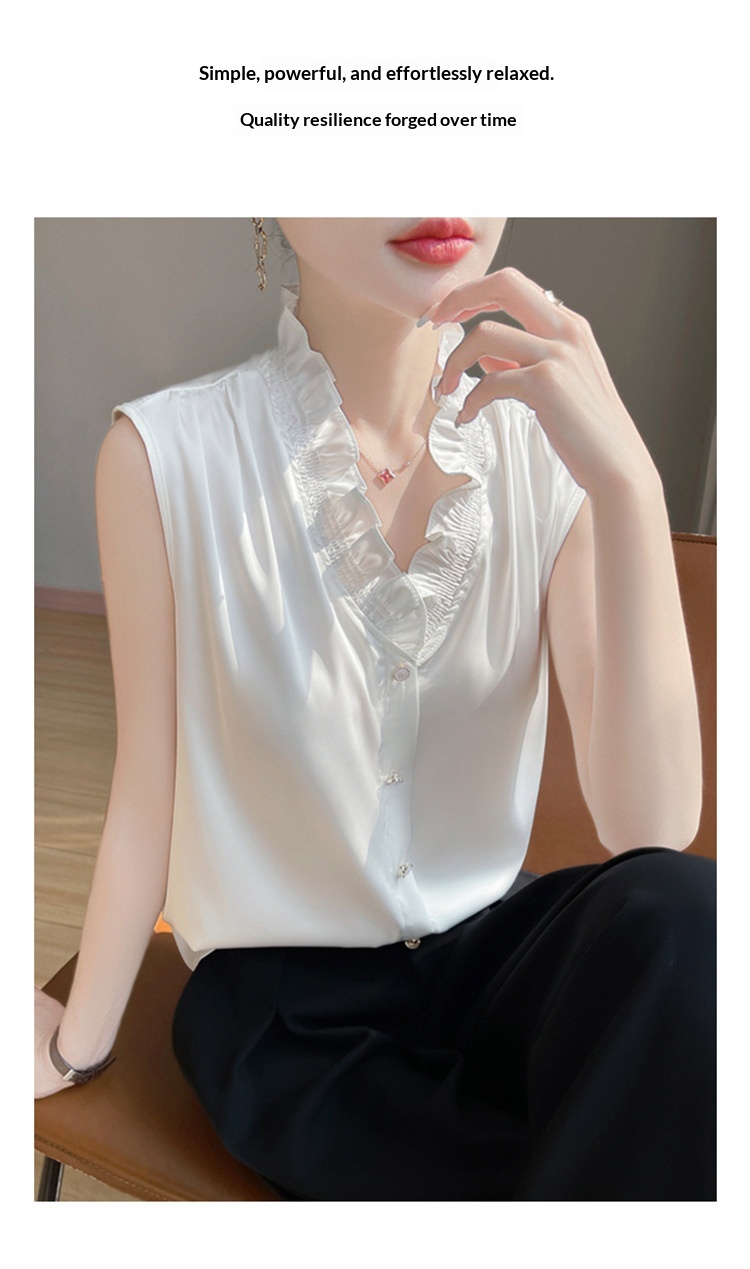 Women's Ruffled Edge Blouse Elegant Versatile Sleeveless Top_voghion.com
