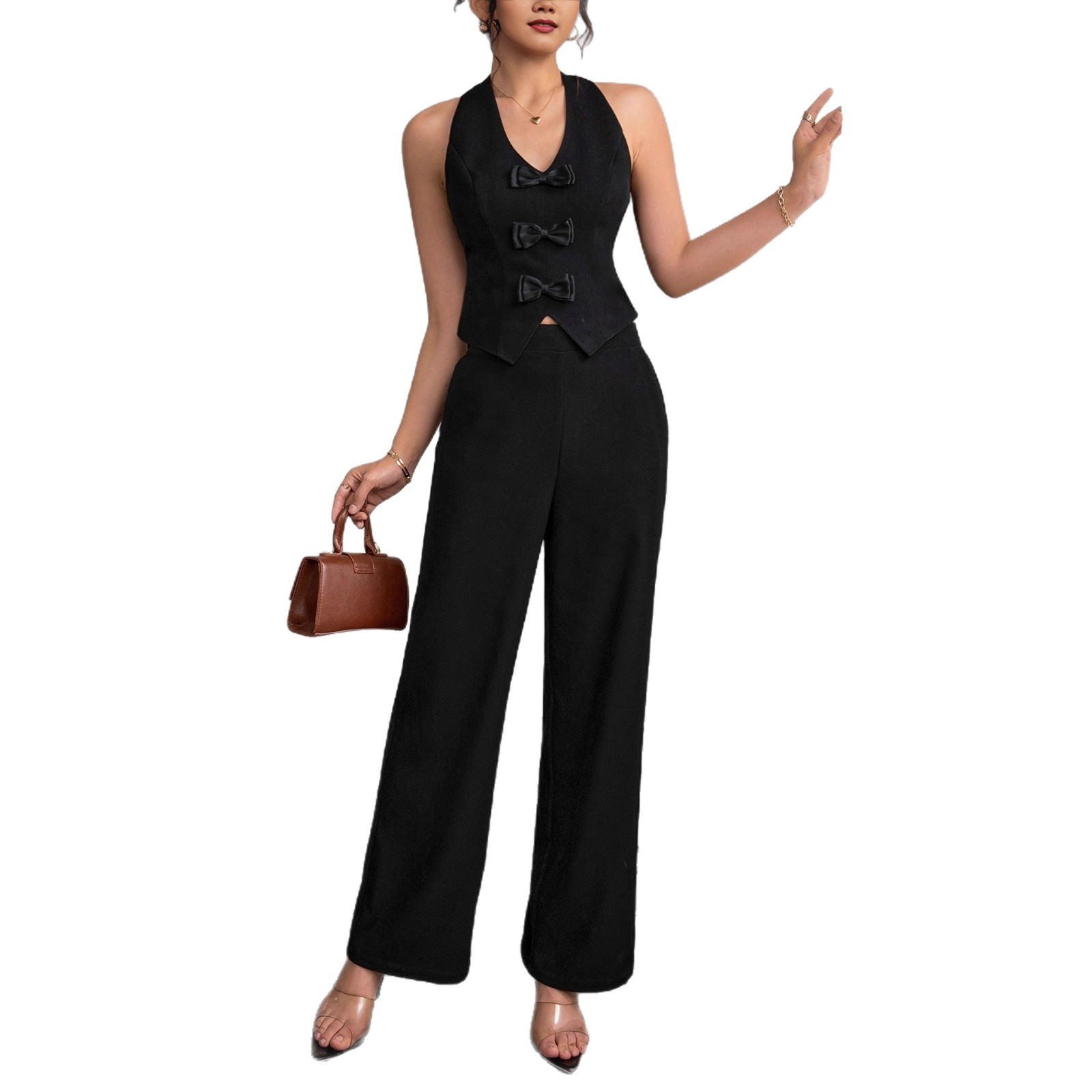independent Store Autumn New Suit Vest With Bow Tie, Sleeveless Halter Top, Waist-cinching Long Pants Set_voghion.com