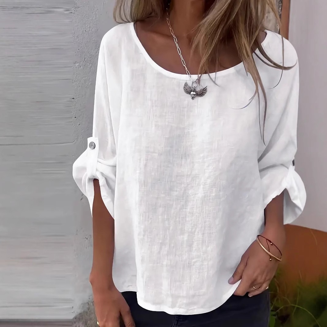 Chemise femme unie à col rond, design simple et tendance, élégante et polyvalente, à porter au quotidien._voghion.com