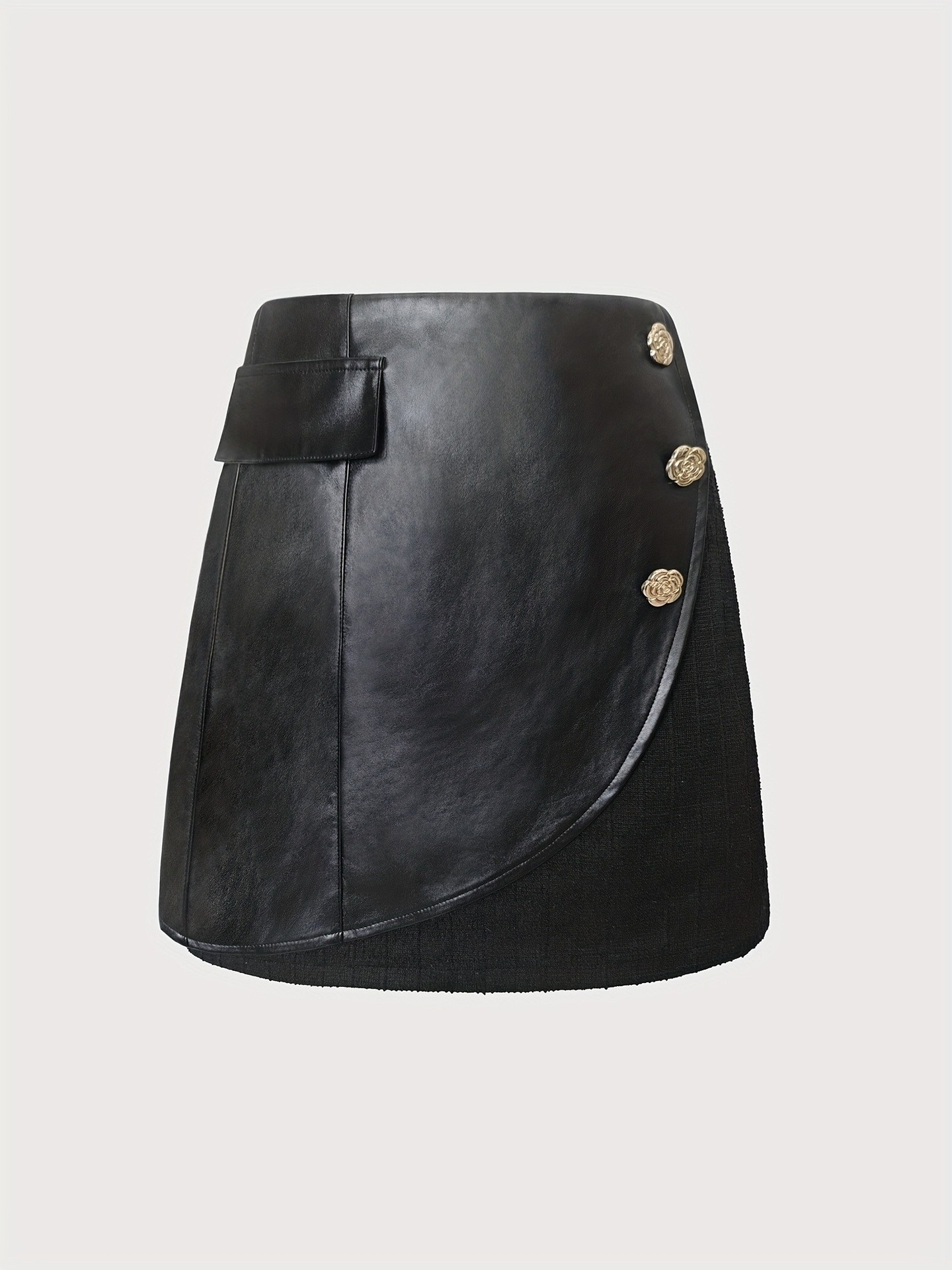 Women's Leather Patchwork A-line Skirt With Back Zipper And Pocket_voghion.com