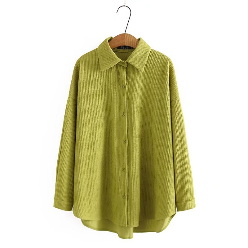Plus-Size-Damenbluse im koreanischen Stil, Frühjahr 2025, lässig, mit Knittereffekt, einfarbig, langärmlig, Z47 836_voghion.com