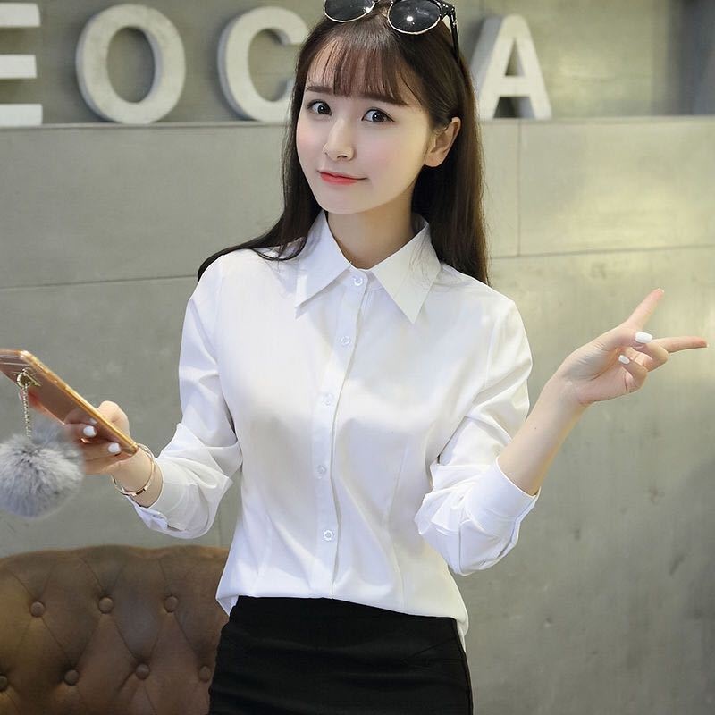 Solid Colour Women's Blouse Korean Style Slim Fit Work Shirt_voghion.com
