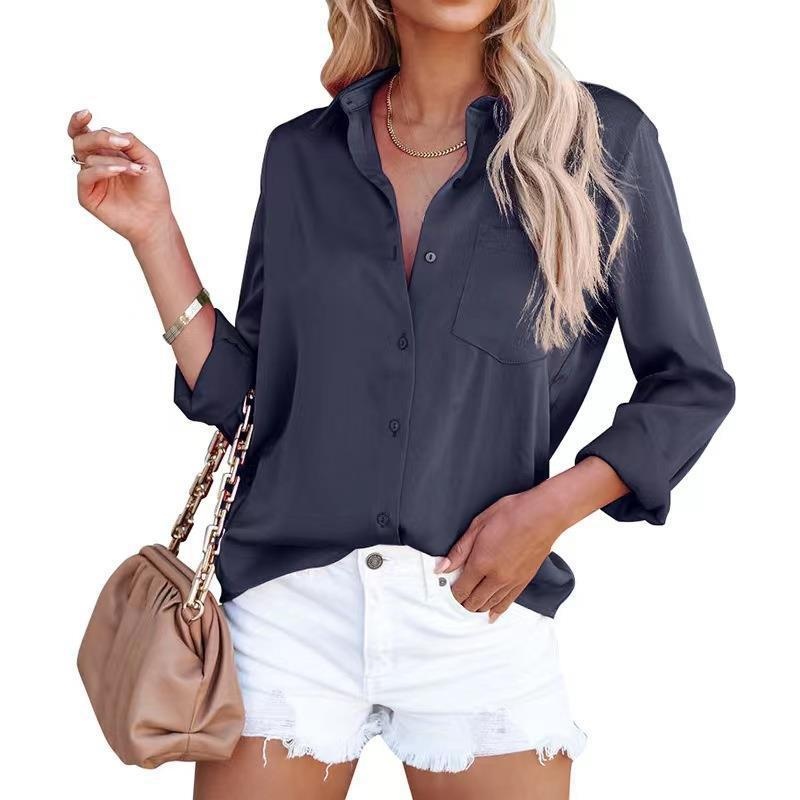 Camicia donna in raso maniche lunghe scollo a v business_voghion.com