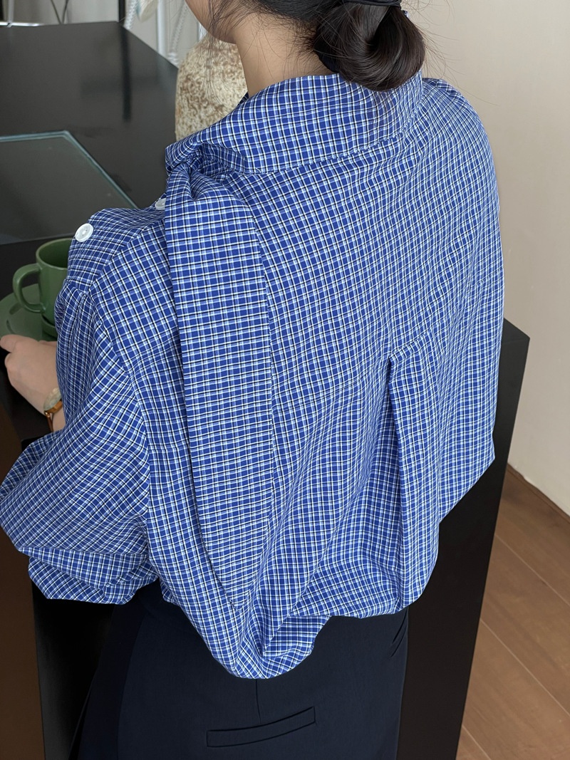 Camicia donna a quadri con lacci maniche lunghe blusa elegante_voghion.com