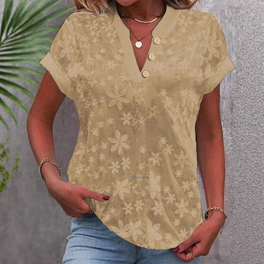 Sommer Einfache Lässige Einfarbige V-ausschnitt Kurzarm Bluse_voghion.com