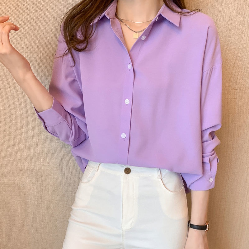 Spring And Autumn Loose Plus Size Solid Color Chiffon Blouse Women's Korean Casual Ins Hong Kong Style Long Sleeve Base_voghion.com