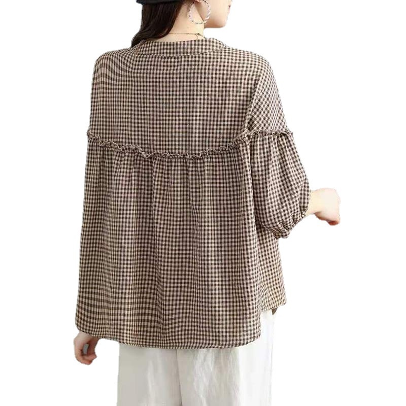 Camisa versátil de talla grande, estilo coreano, 2025, nueva, de lino similar al algodón para mujer, manga tres cuartos, estilo casual holgado._voghion.com