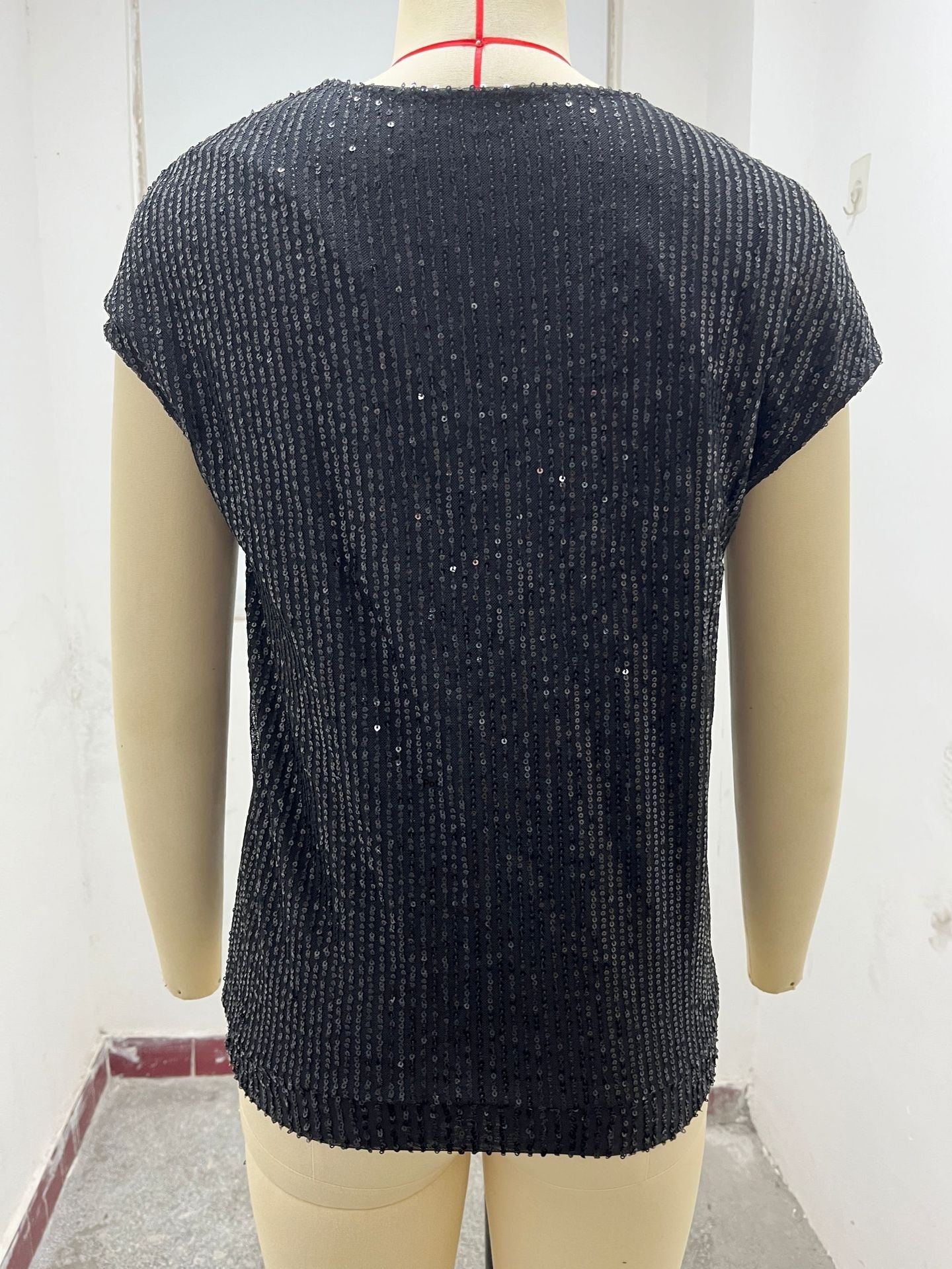V-neck Sequin Blouse Short Sleeve Women's Elegant Summer Top_voghion.com