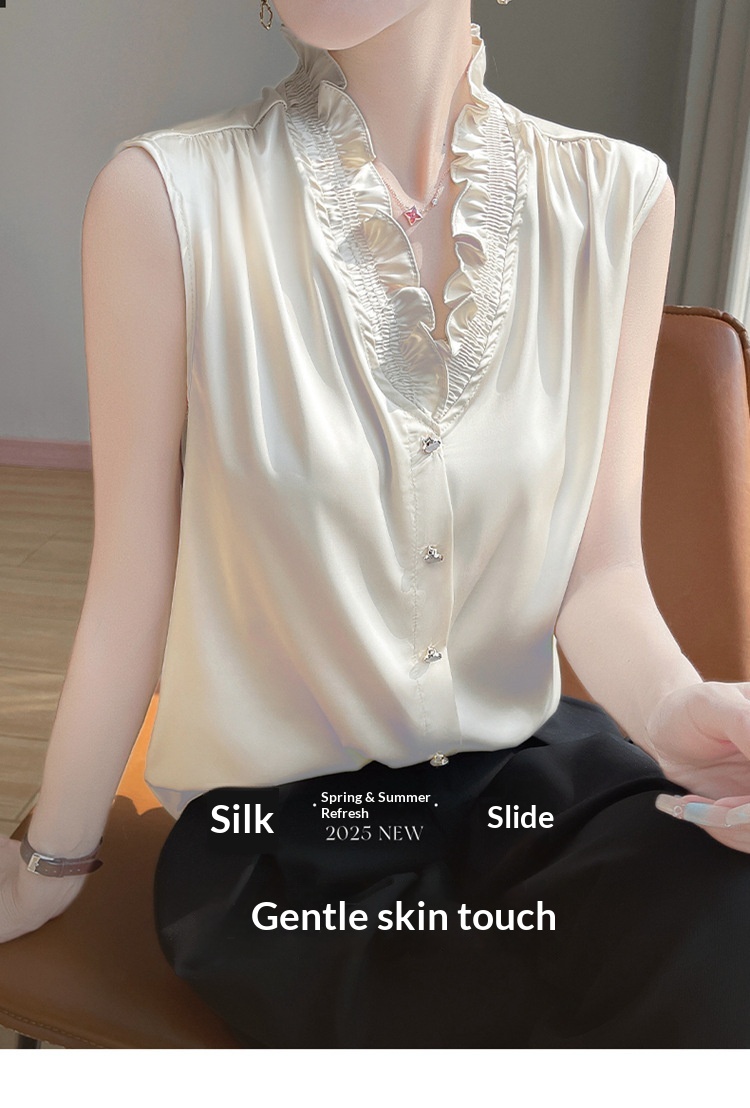 Women's Ruffled Edge Blouse Elegant Versatile Sleeveless Top_voghion.com