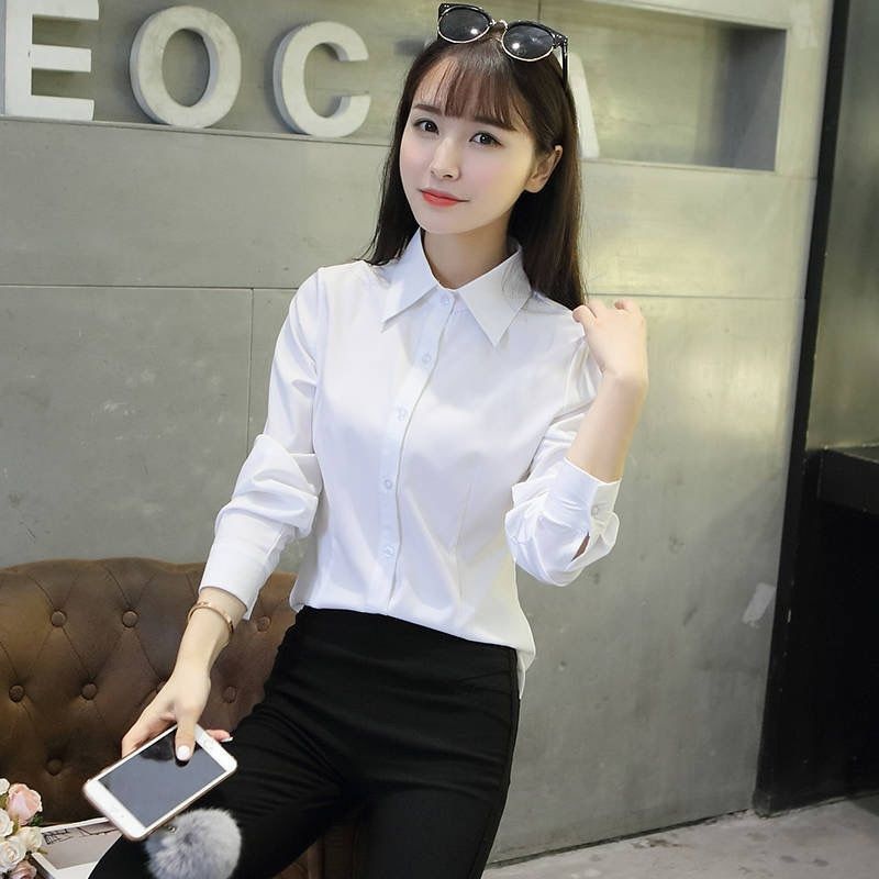 Solid Colour Women's Blouse Korean Style Slim Fit Work Shirt_voghion.com