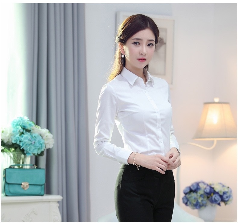 Dames blouse wit lange mouw slim fit formeel werkoverhemd_voghion.com
