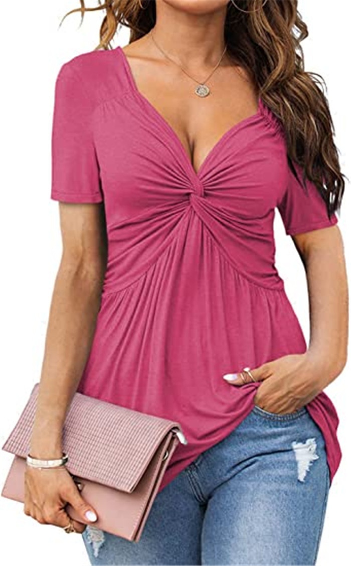 Elegantes Damen T-shirt Mit V-ausschnitt Und Front-twist Kurzarm_voghion.com