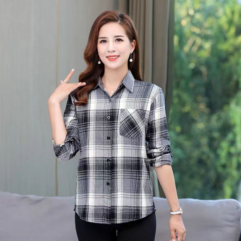 Middle-aged And Elderly Long-sleeve Shirt, 2026 Spring New Style, Korean-style Loose-fitting Collared Plaid Women's_voghion.com