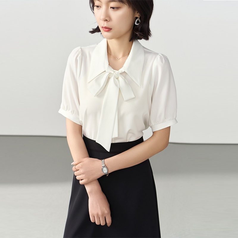 Camicia da donna in chiffon a maniche corte con fiocco, per abbigliamento professionale, bianca, con interno superiore, per colloqui_voghion.com