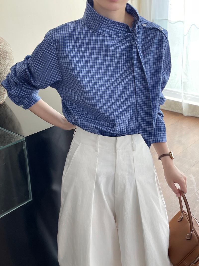 Camicia donna a quadri con lacci maniche lunghe blusa elegante_voghion.com
