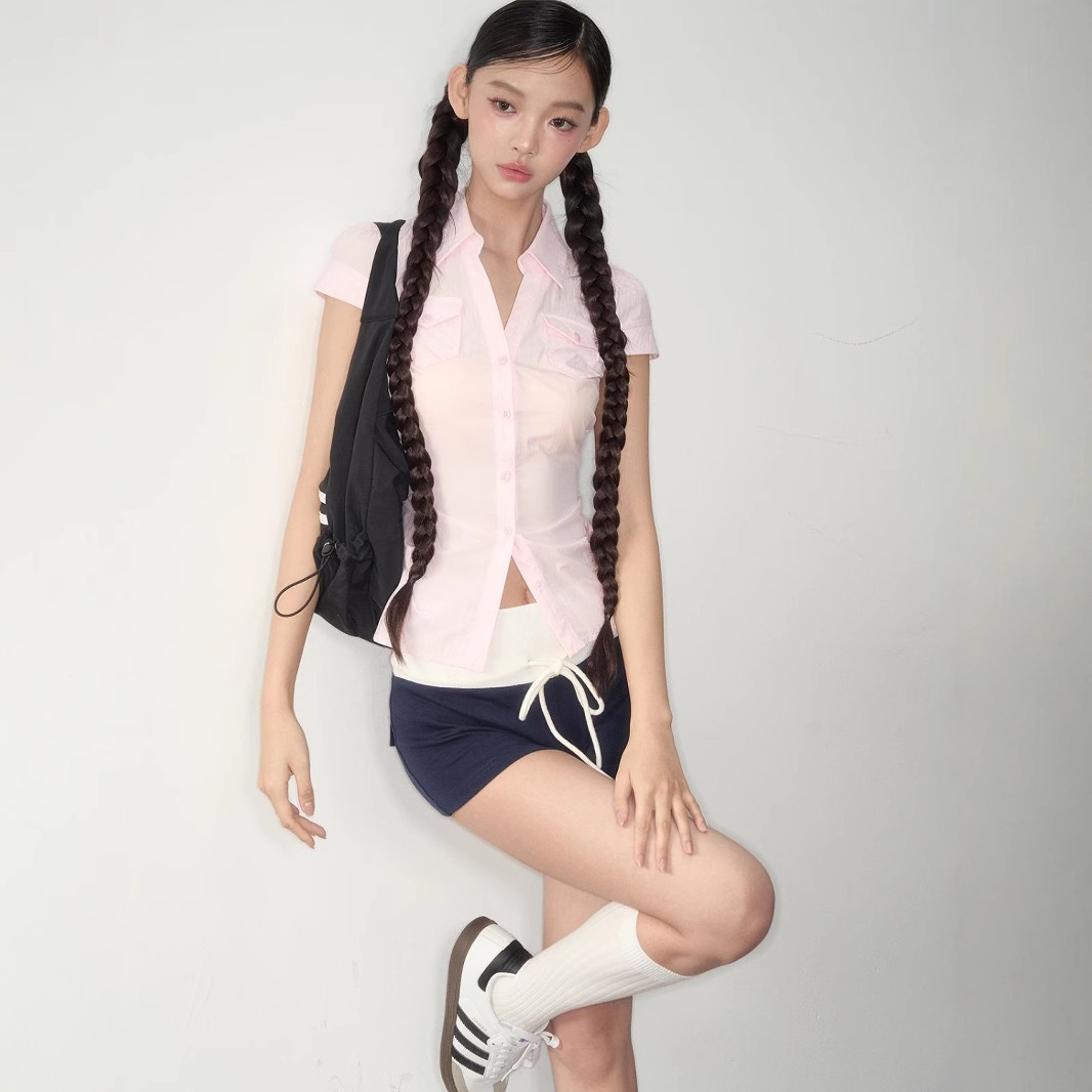 Camicia a maniche corte con taschino, stile coreano, modellante in vita, per donna, top snellente estivo in stile Pure Desire._voghion.com