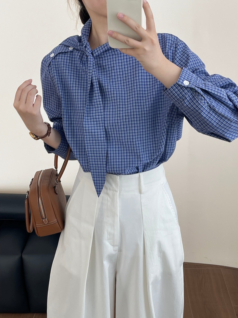 Camicia donna a quadri con lacci maniche lunghe blusa elegante_voghion.com