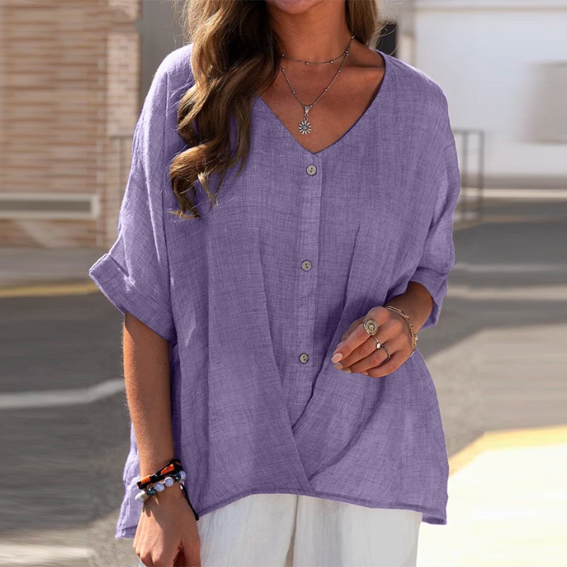 V-ausschnitt Damen Bluse Aus Baumwoll-leinen Locker Lässig_voghion.com