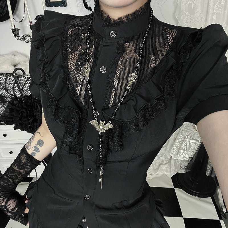 CF25145 Lace Hollow Short Sleeve Top Subculture Summer New Sexy Hot Girl Slim Fit Versatile Women's Shirt_voghion.com