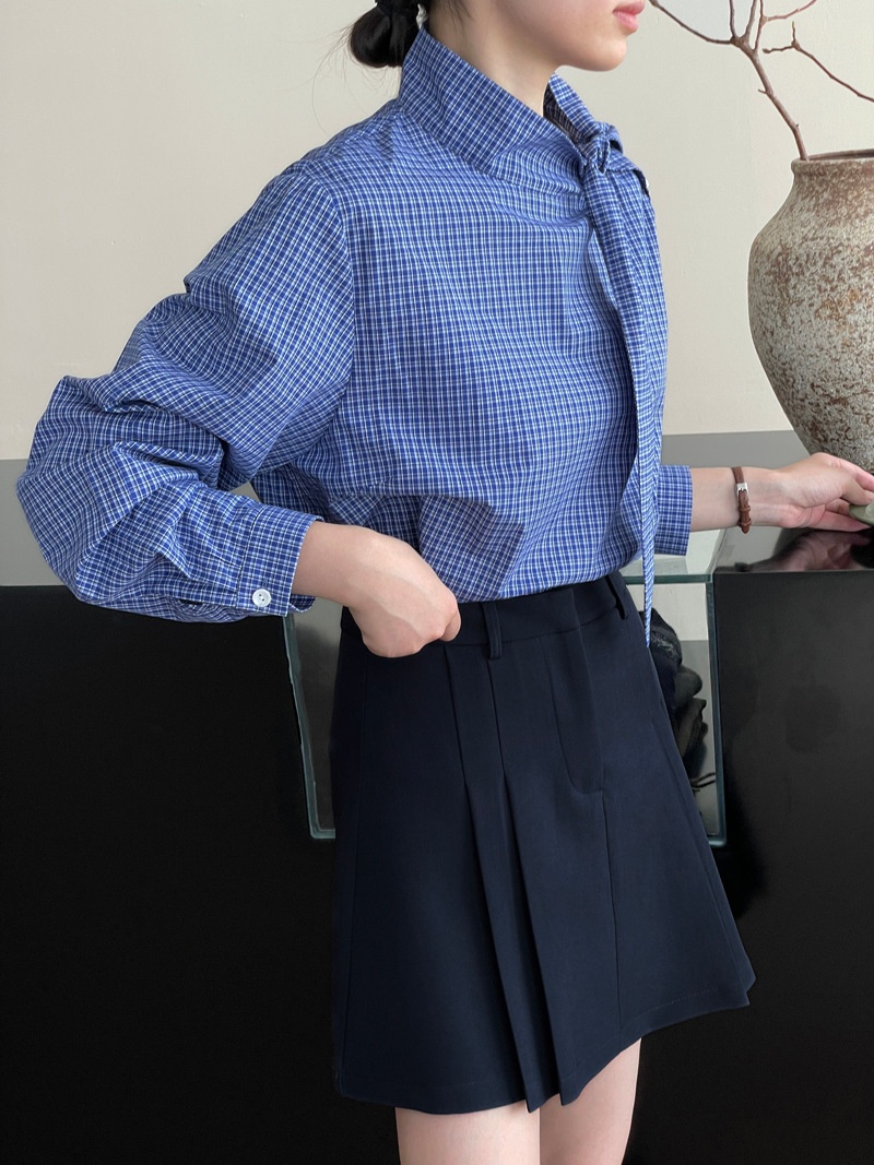 Camicia donna a quadri con lacci maniche lunghe blusa elegante_voghion.com
