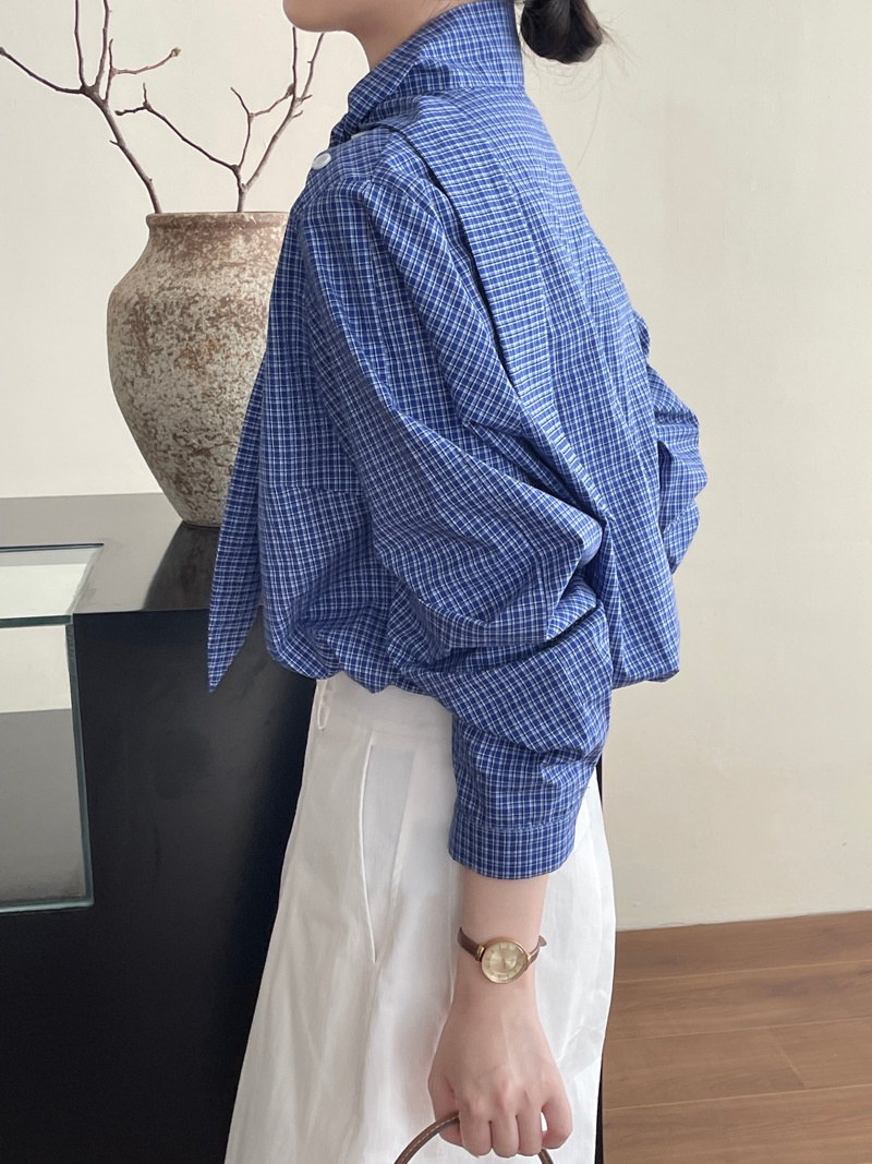 Camicia donna a quadri con lacci maniche lunghe blusa elegante_voghion.com