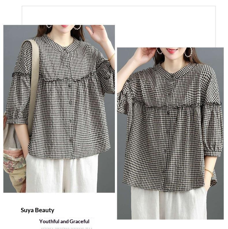 Blusa mujer estilo coreano efecto lino manga tres cuartos_voghion.com